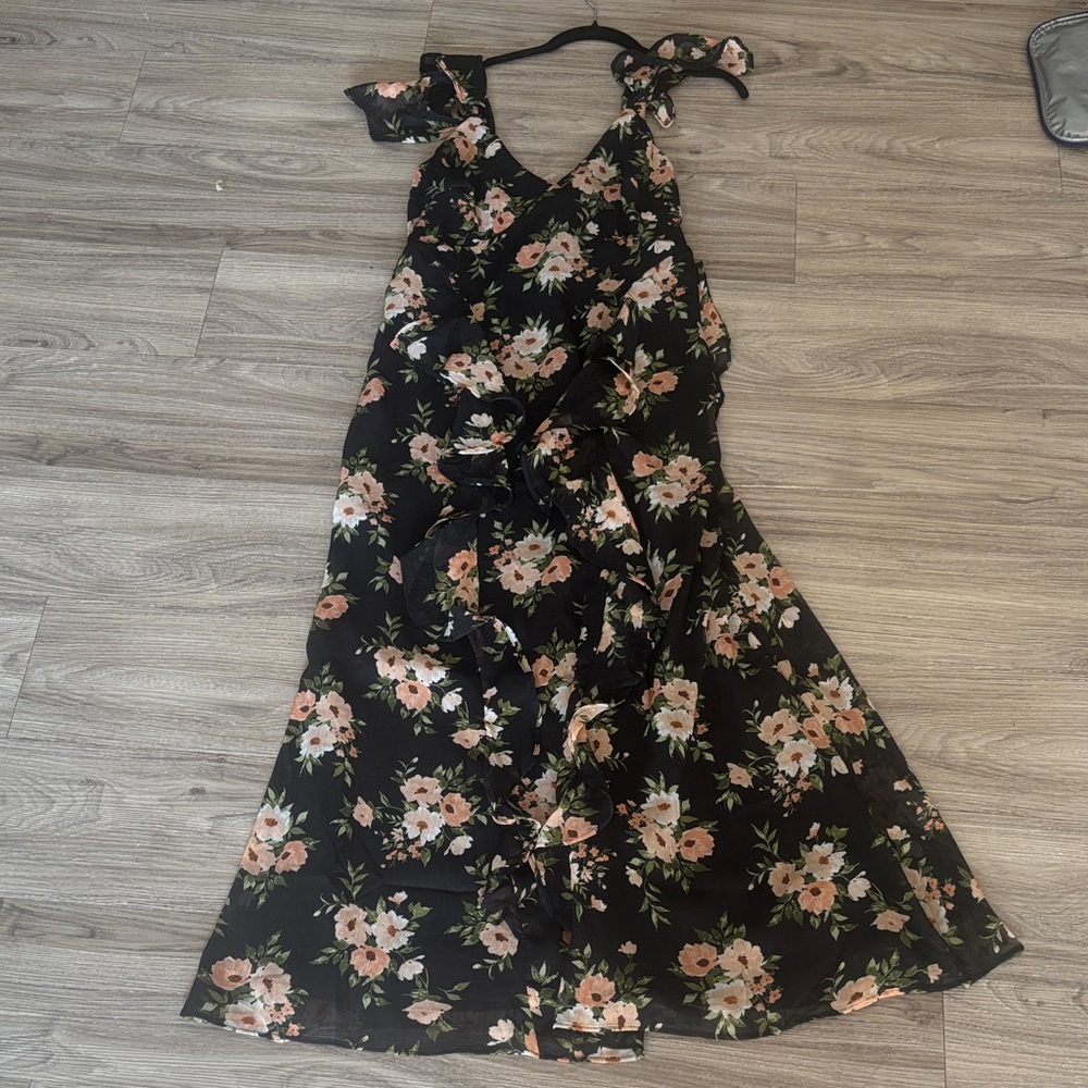 Old Navy Black Midi Dress with Pink Floral Tie-Strap